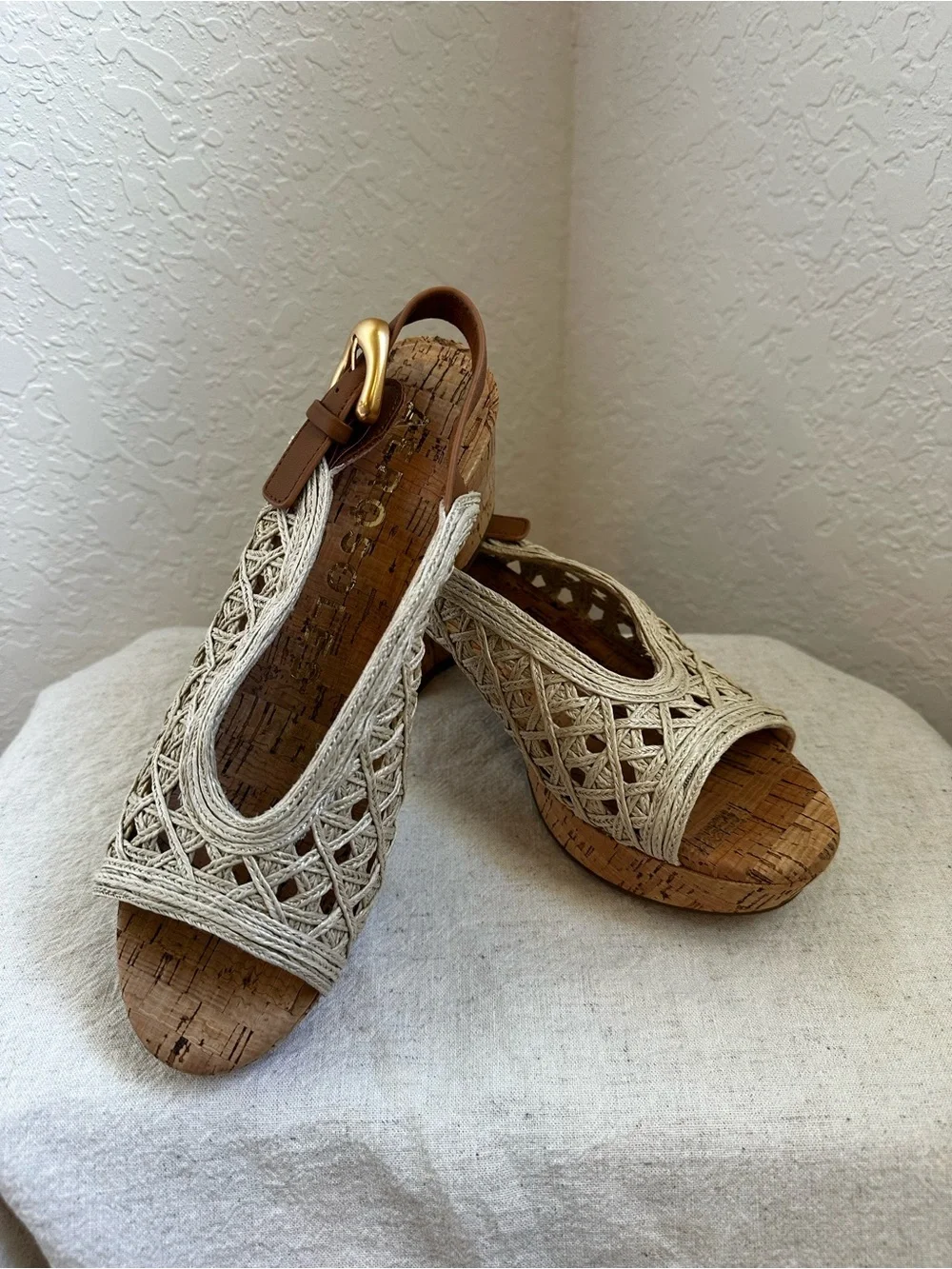 AEROSOLES Cream Woven Espadrille Wedges with Brown Ankle Strap